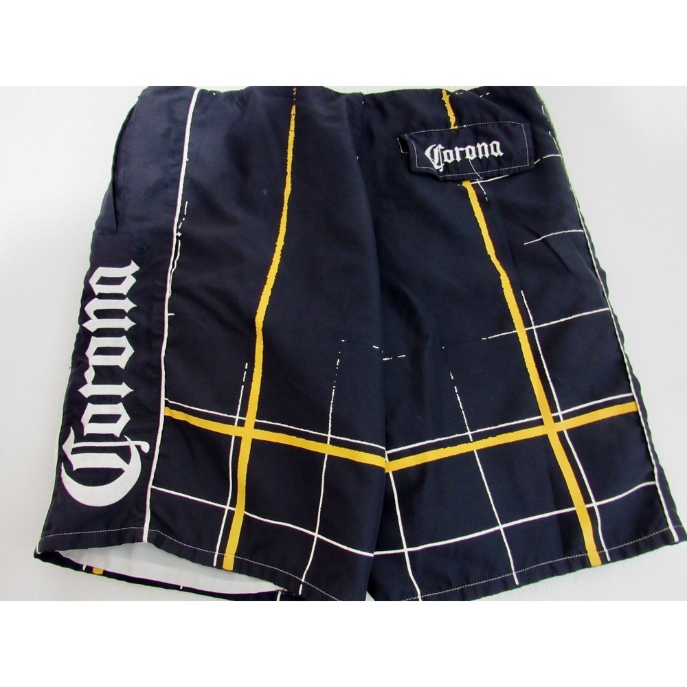Corona Extra Mens Size M 32 - 34 Blue Yellow‎ Polyester Plaid Lined Swim Trunks